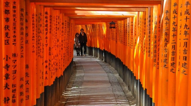 Une allée de torii au sanctuaire Fushimi-Inari-Taisha à Kyōto